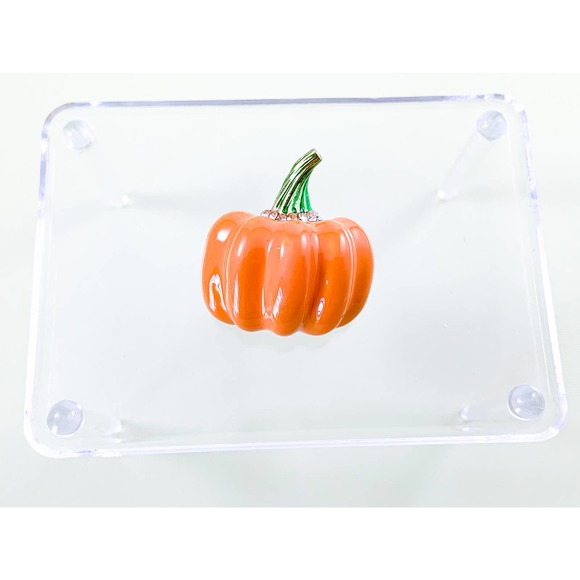 Enamel Pumpkin Pin/ Brooch with Metallic Green Stem & Rhinestones - Picture 3 of 5